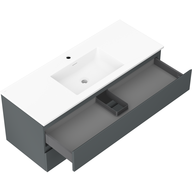 Baderomsskap med vask 120 cm Mexen Orio grafitt, åpen skuff med romslig oppbevaring og hvit servant.