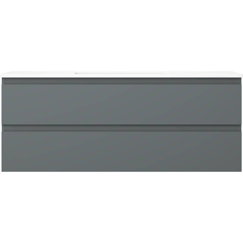 Servant med skap i grafitt og hvit matt med to brede skuffer og integrerte håndtak, sett forfra.