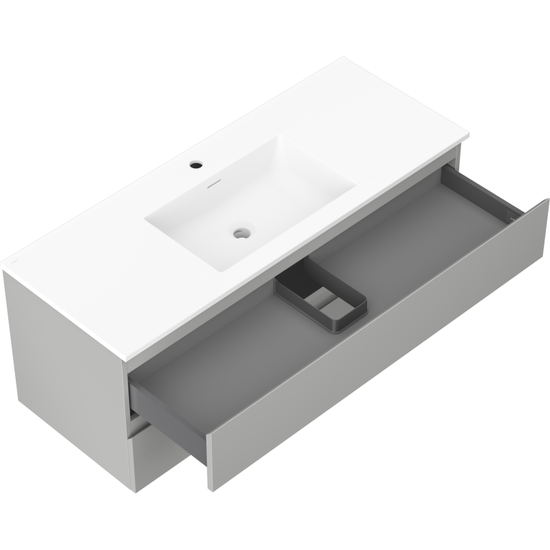 Baderomsskap med vask 120 cm Mexen Orio i grå/blå med åpen skuff og grå oppbevaringsinnsats.