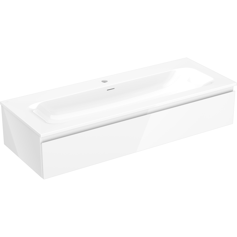 Servantskap med vask 120 cm hvit, én skuff, minimalistisk design, sett forfra og fra siden.