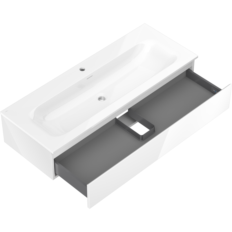 Baderomsskap med vask Mexen Orio Vela 120 cm i hvit, sett ovenfra med åpen skuff og porselensvask.