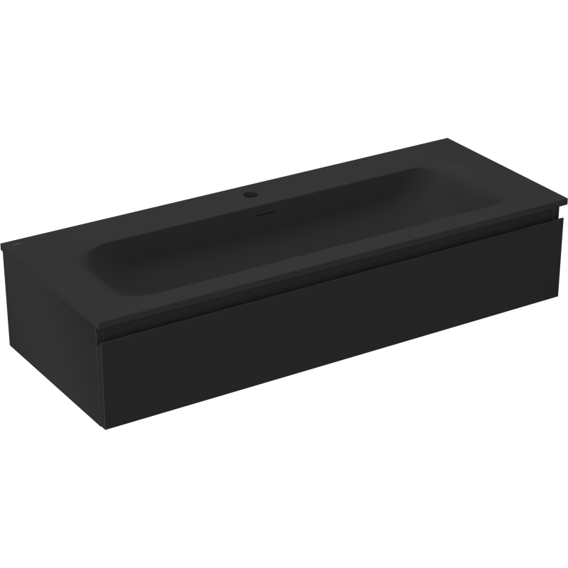Servantskap med vask 120 cm i matt svart, skrå forside med avrundede kanter og hull for armatur.
