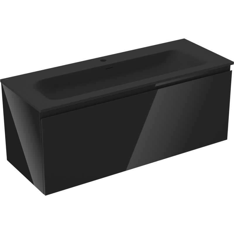Servantskap med vask 120 cm svart Mexen Orio Vela med en skuff, sett fra skrå vinkelfront.