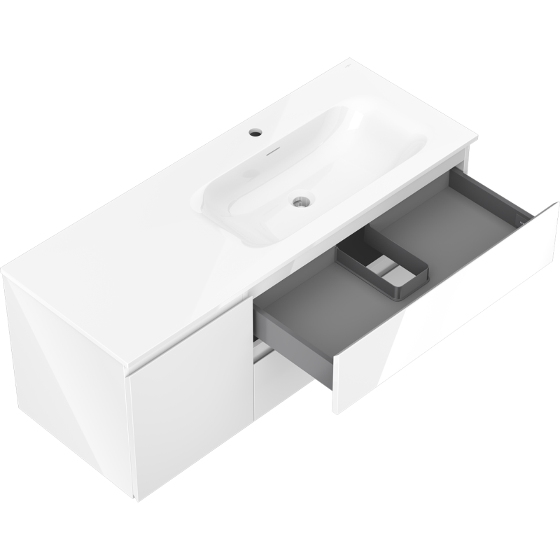 Baderomsskap med vask 120 cm Mexen Orio Vela, skuff trukket ut med grå innredning.