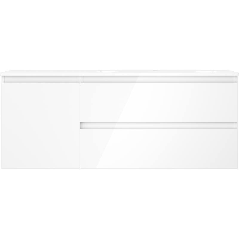 Servant med skap i hvit høyglans Mexen Orio Vela 120 cm, sett forfra med dør og to skuffer.