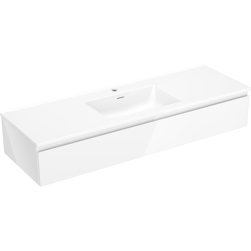 Servantskap med vask 140 cm Mexen Orio/Otis i hvit høyglans med stor integrert vask og skrå kanter.