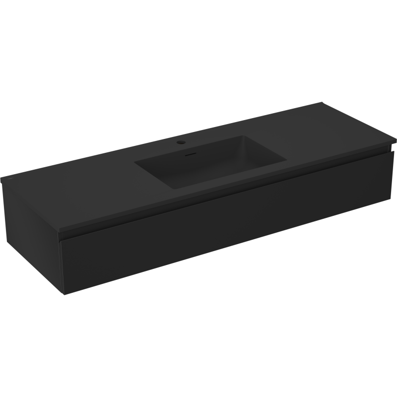 Servantskap med vask 140 cm i matt svart, integrert vask, sett fra skrå vinkel med synlig hull.