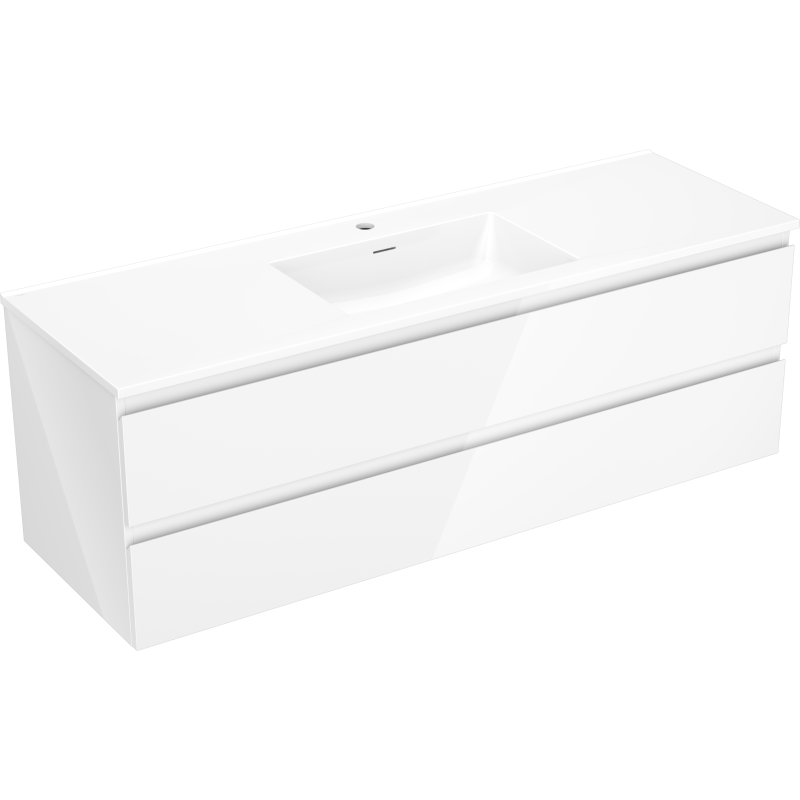 Servantskap med vask 140 cm hvit med to skuffer og integrert servant, sett fra skrå vinkel.