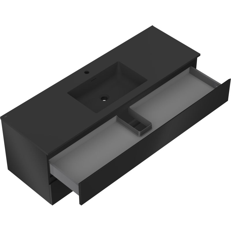 Baderomsskap med vask Mexen Orio 140 cm i svart matt, åpen skuff med inndeling, sett skrått ovenfra.