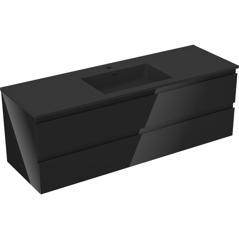 Servantskap med vask 140 cm Mexen Orio i svart glans og matt med to skuffer, sett fra skrå vinkel.