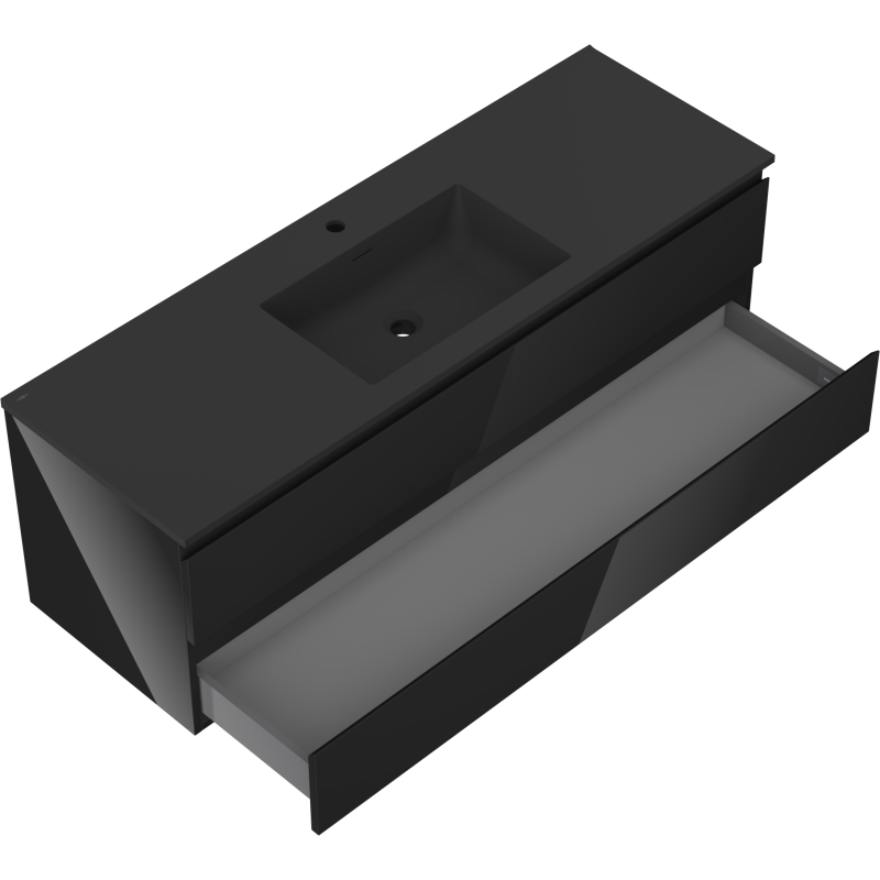 Baderomsskap med servant Mexen Orio 140 cm i svart matt finish, åpen skuff sett skrått ovenfra.