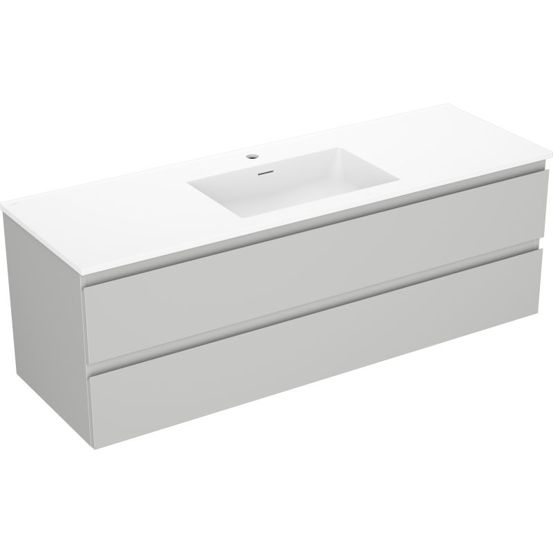 Servantskap med vask 140 cm grå/hvit Mexen Orio med to skuffer, sett fra skrå vinkel.