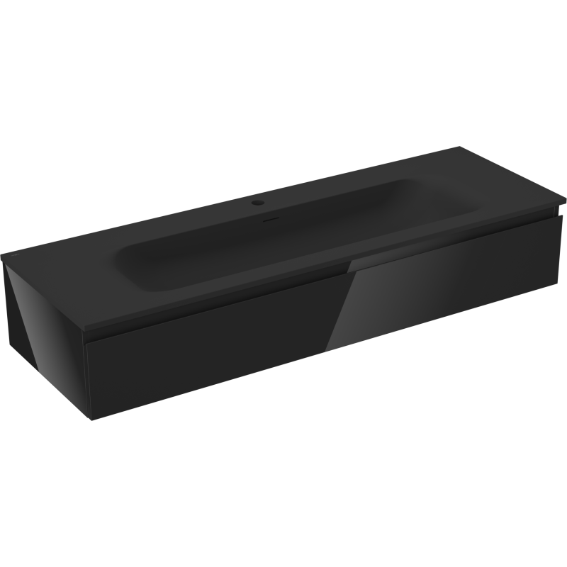 Servantskap med vask 140 cm i matt svart med integrert kum, sett fra skrå vinkel foran.