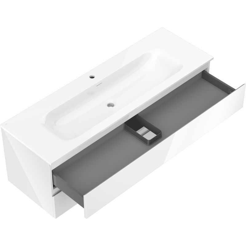 Baderomsskap med vask Mexen Orio Vela 140 cm, åpen skuff med grå innredning og skuffeinndeler.