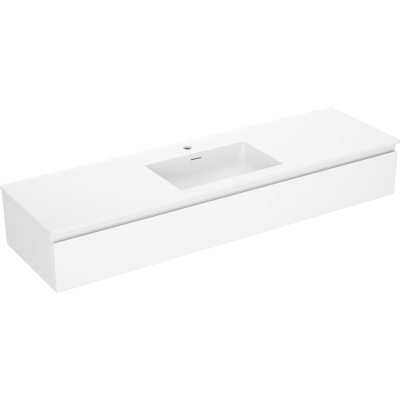 Servantskap med vask 160 cm hvit matt fra Mexen Orio, front- og toppvisning med sentrert blandebatterihull.