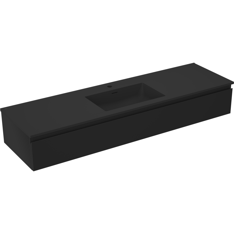 Servantskap med vask 160 cm svart matt med integrert firkantet vask og hull for blandebatteri.