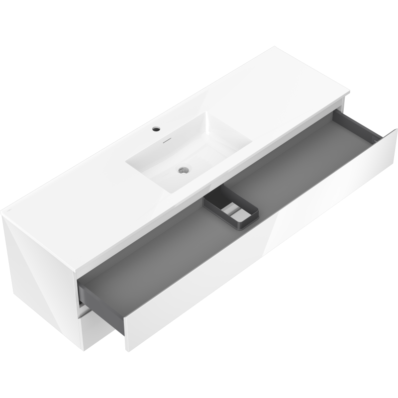 Baderomsskap med vask Mexen Orio Otis 160 cm, åpen skuff med grå innside og inndeling, hvit finish.