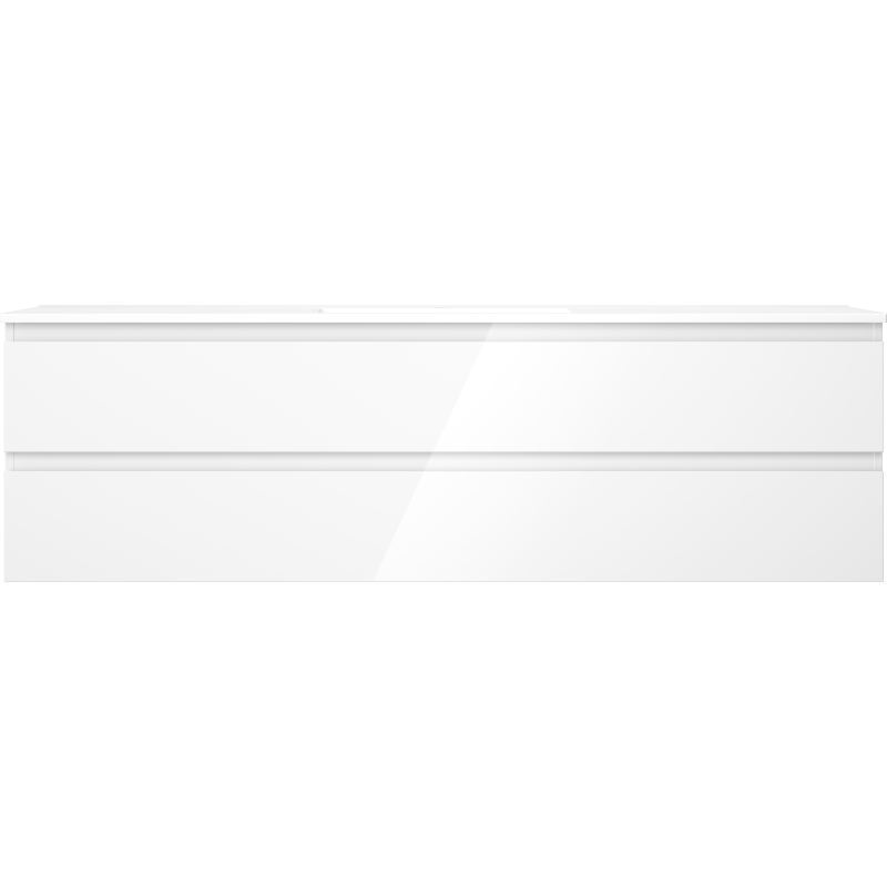 Servant med skap i hvit høyglans med to brede skuffer, sett rett forfra.