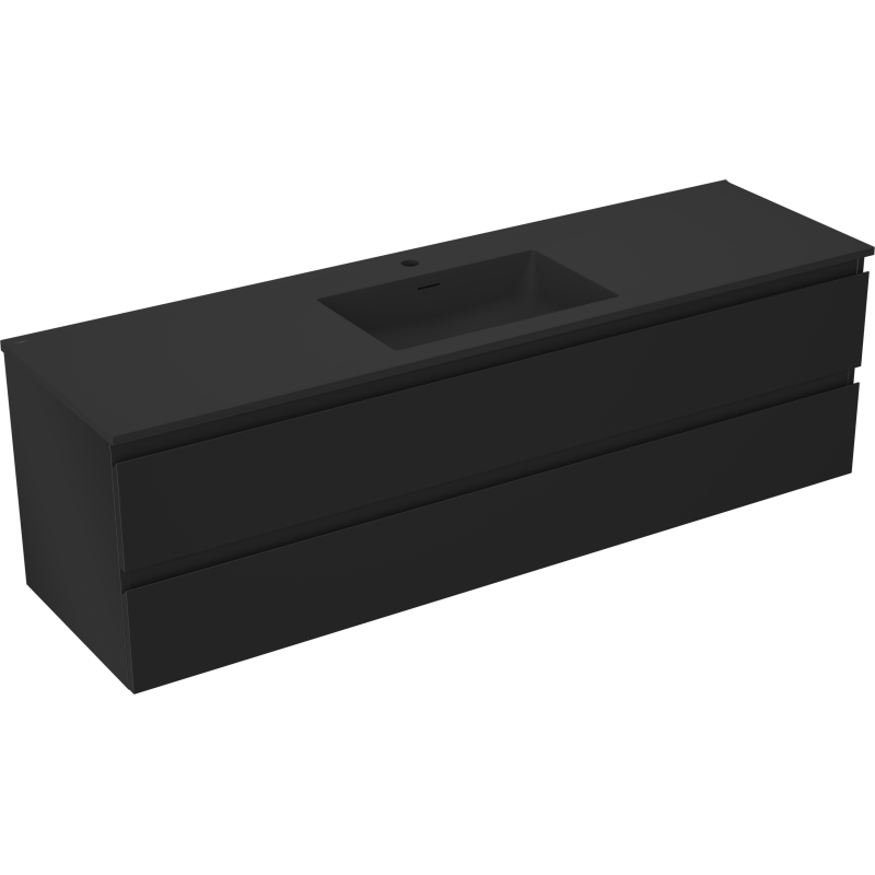 Servantskap med vask 160 cm i svart matt med to skuffer, sett skrått forfra fra høyre side.