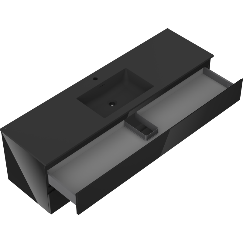 Baderomsskap med vask 160 cm svart sett ovenfra med åpen skuff og rominndelt oppbevaring.
