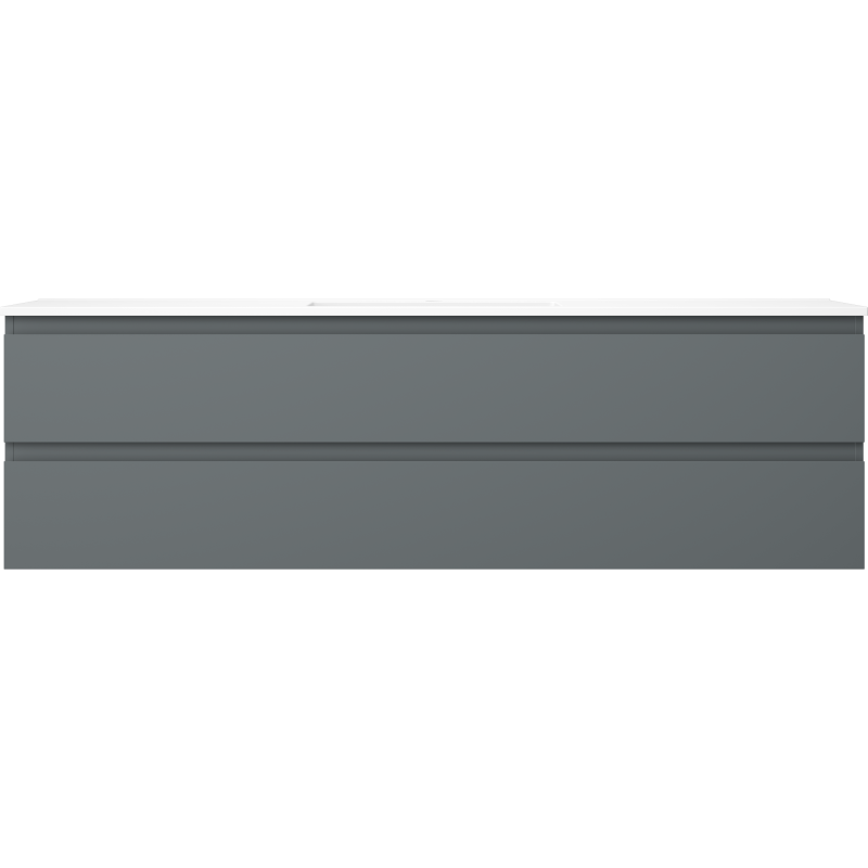 Servant med skap i matt grå finish, to skuffefronter uten synlige håndtak, sett rett forfra.