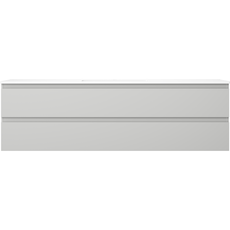 Servant med skap i grå matt og hvit matt finish med to brede skuffer, sett rett forfra.