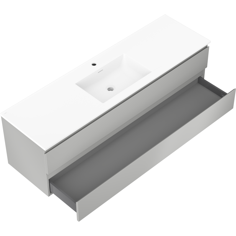 Baderomsskap med servant Mexen Orio 160 cm, grå matt, åpen skuff med lyst grått interiør.