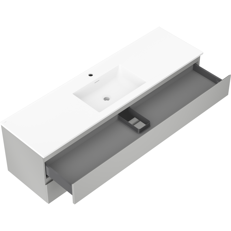 Baderomsskap med vask Mexen Orio 160 cm, grå skuff med avdeler, sett skrått ovenfra.