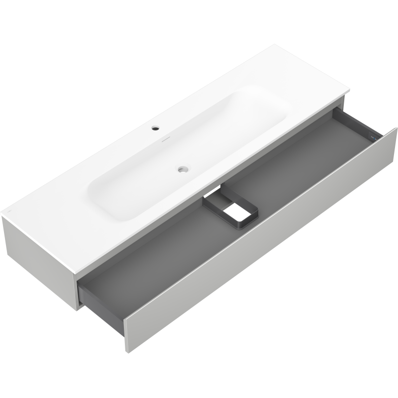 Baderomsskap med vask Mexen Orio 160 cm i hvit og grå, skuff trukket ut, sett fra skrå vinkel.