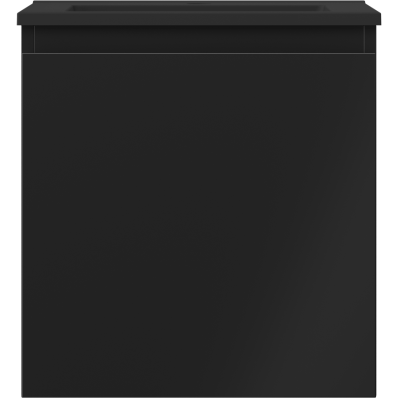 Servant med skap i svart matt utførelse, sett forfra med minimalistisk design uten håndtak.