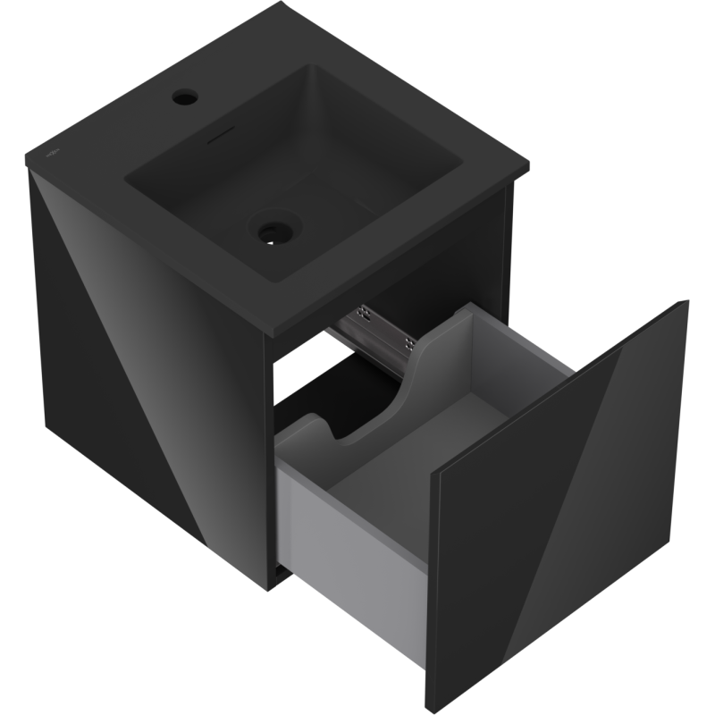 Baderomsskap med vask 45 cm svart, sett skrått ovenfra med åpen skuff og integrert servant.