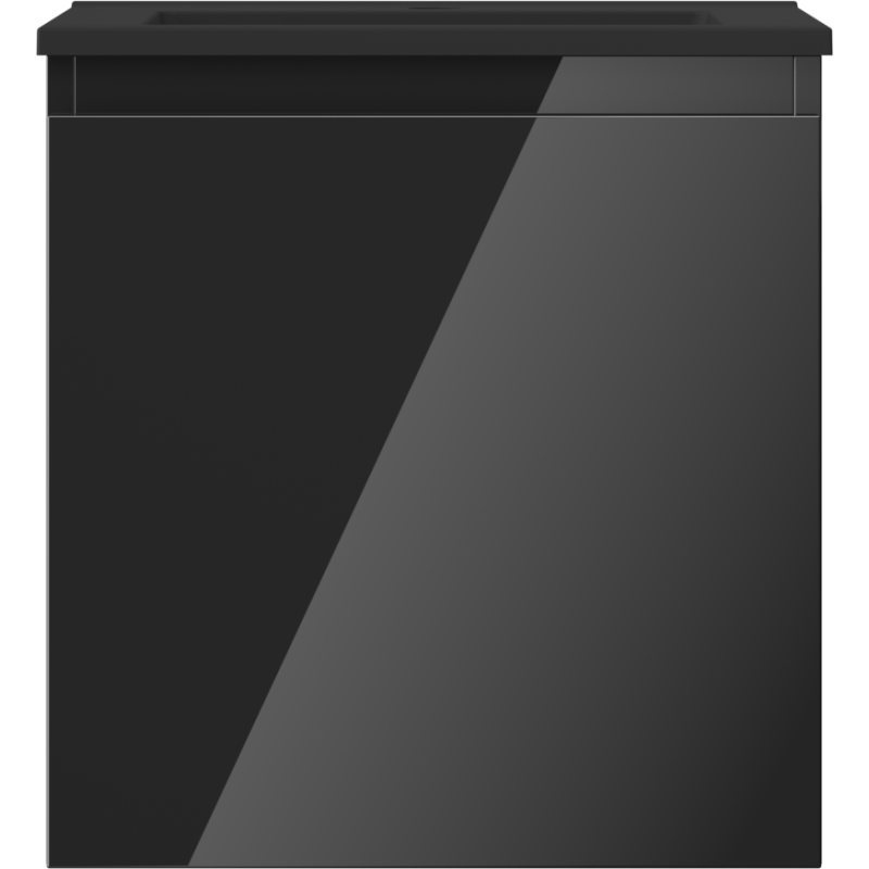 Servant med skap 45 cm svart høyglans, rett forfra med minimalistisk front uten håndtak.