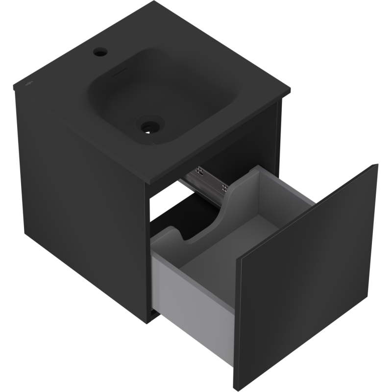 Baderomsskap med vask 45 cm svart matt, skuff trukket ut og viser romslig oppbevaring.