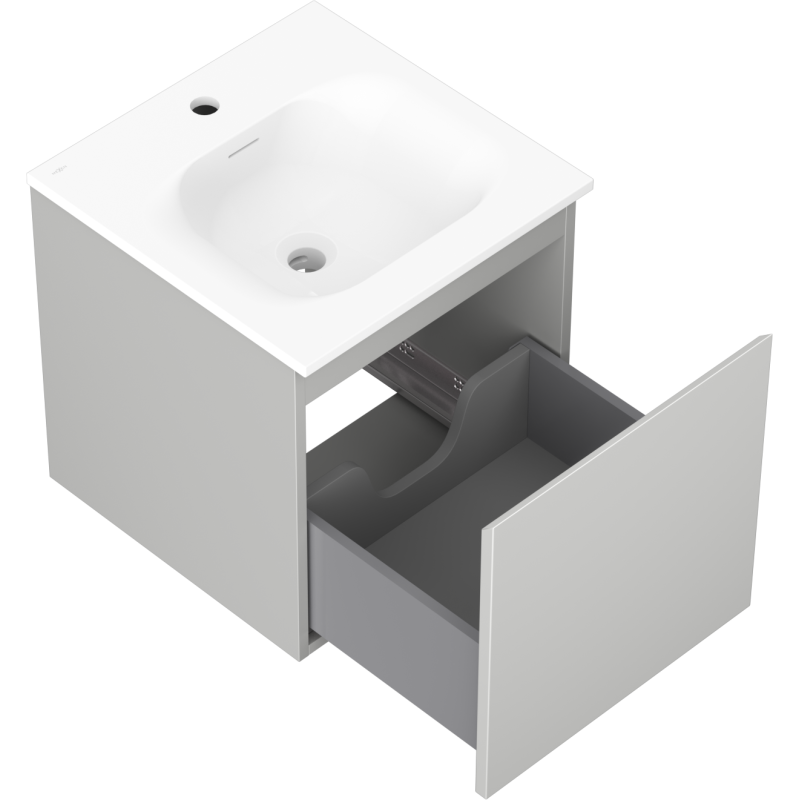 Baderomsskap med vask 45 cm grå matt og bøhvit, åpen skuff med oppbevaringsrom for rør.