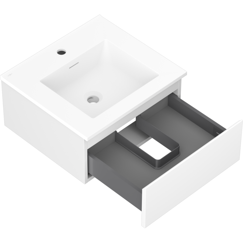 Baderomsskap med vask 50 cm i hvit matt med åpen skuff og grå innside, sett fra skrå vinkel.