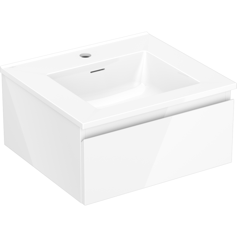 Servantskap med vask 50 cm hvit med én skuff, sett fra skrå vinkel med hull for blandebatteri.