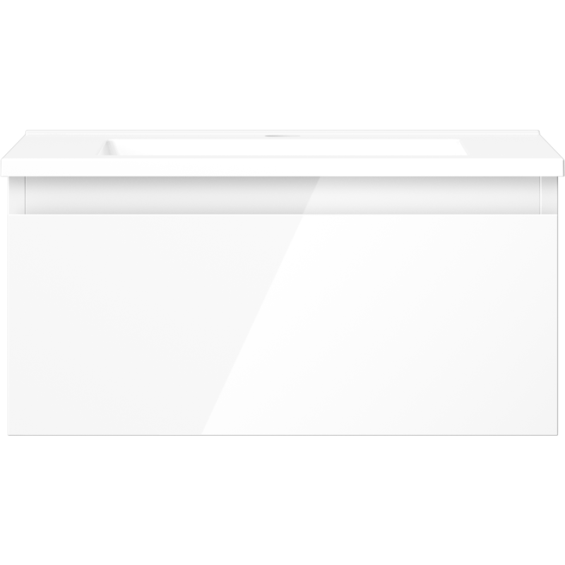 Servant med skap i hvit høyglans, rektangulær design, frontvisning uten synlige håndtak.