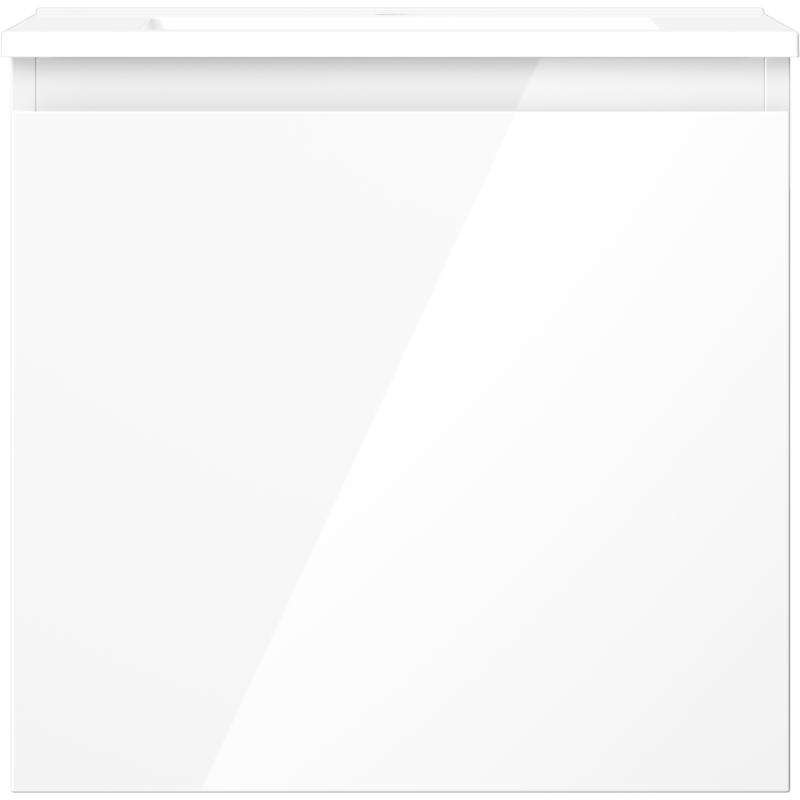 Servant med skap i hvit høyglans, rett forfra, rektangulær og minimalistisk uten synlige håndtak.