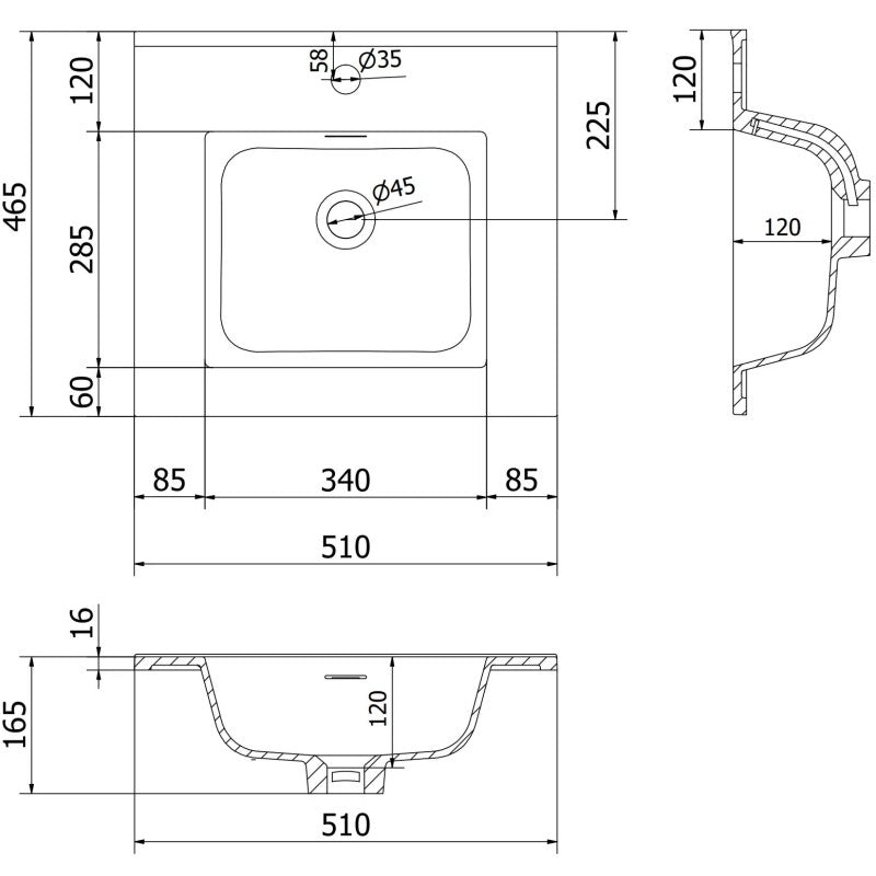 Servant med skap teknisk tegning av Mexen Orio/Otis 50 cm svart matt med mål og hullplassering.