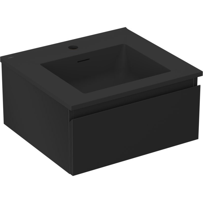 Servantskap med vask 50 cm svart matt med én stor frontskuff, sett fra skrå vinkel.