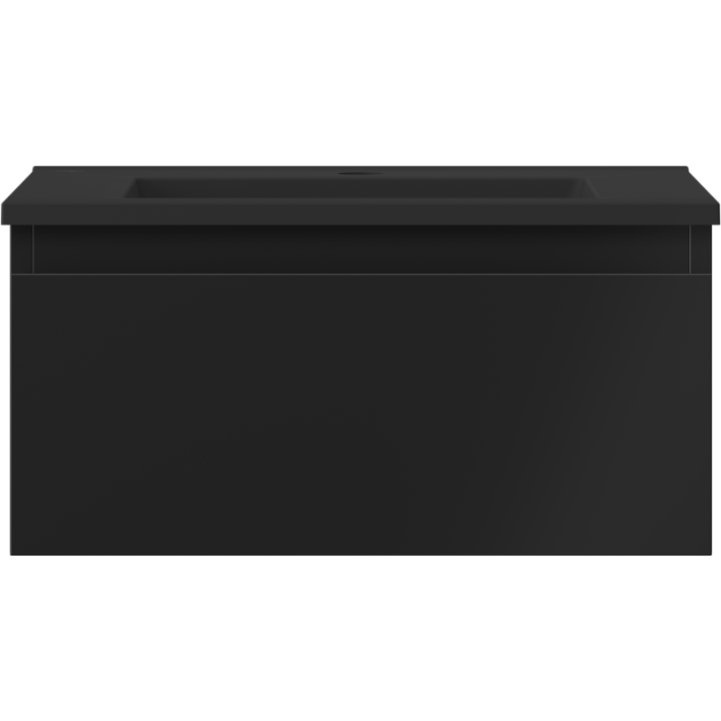 Servant med skap i svart matt finish, rett forfra med integrert servantkant og én skuff.