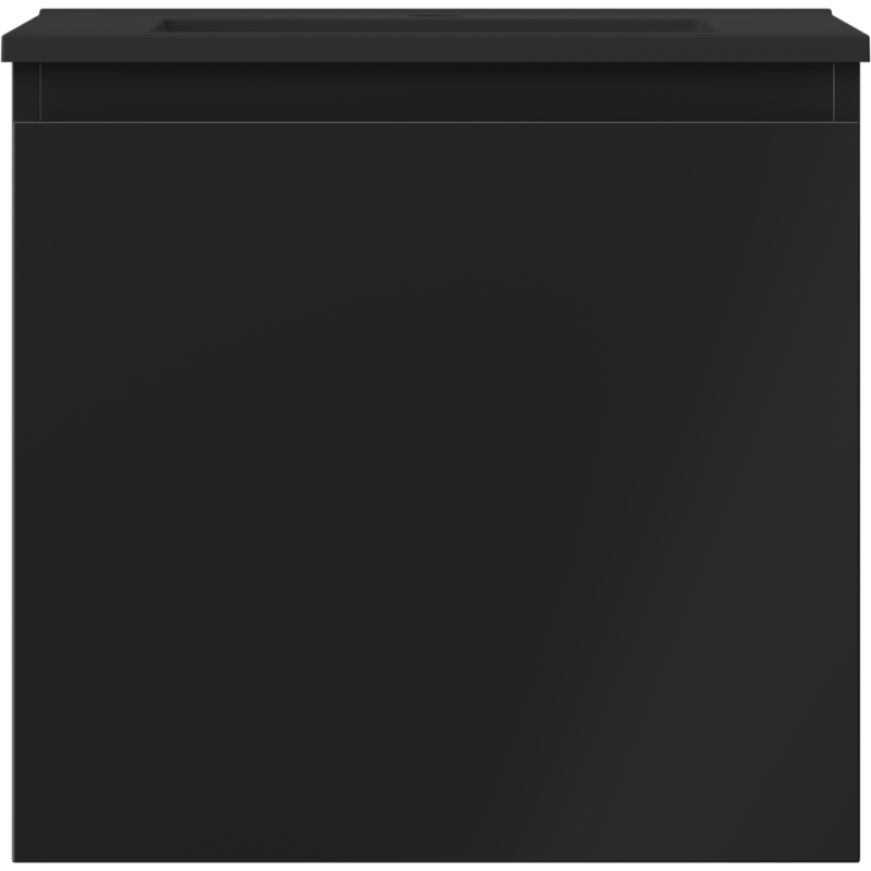 Servant med skap i svart matt utførelse, glatt front uten håndtak, sett rett forfra.