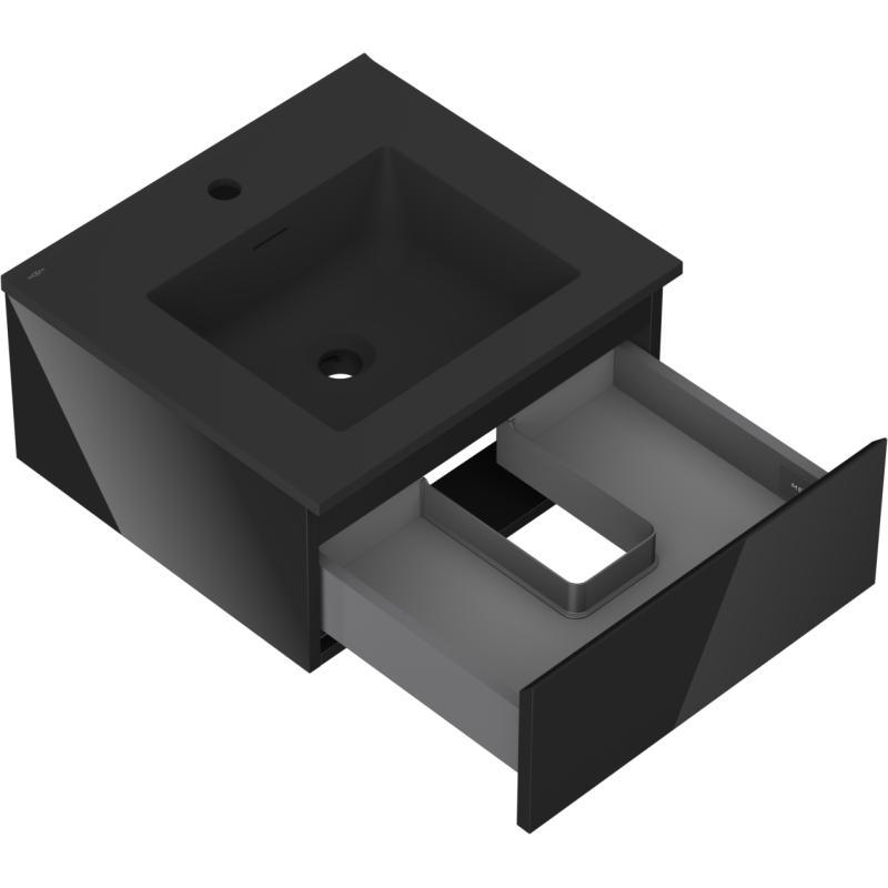 Baderomsskap med vask 50 cm svart høyglans med åpen skuff og U-formet inndeling for rør.
