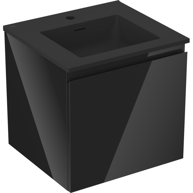 Servantskap med vask 50 cm i matt sort med integrert håndtak og rektangulær servant, skrå vinkel.