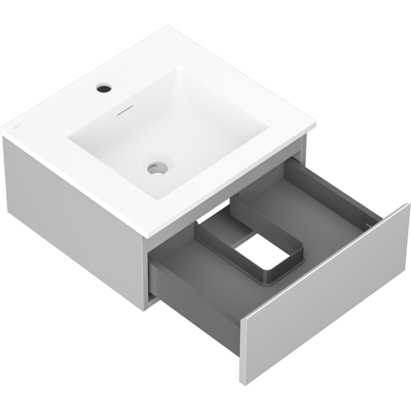 Baderomsskap med vask 50 cm Mexen Orio Otis i grå matt, åpen skuff med utsparing for avløp.