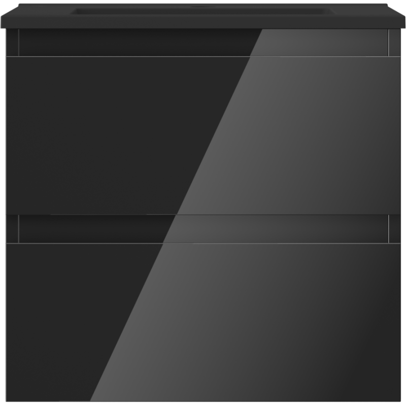 Servant med skap i svart høyglans med to skuffer uten håndtak, sett rett forfra.