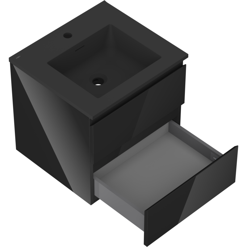 Baderomsskap med servant 50 cm Mexen Orio/Otis i svart matt, skuff trukket ut, sett skrått ovenfra.