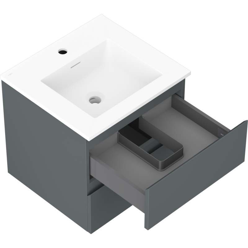 Baderomsskap med vask Mexen Orio 50 cm grafitt og hvit matt, åpen skuff med innsats og rørføring.