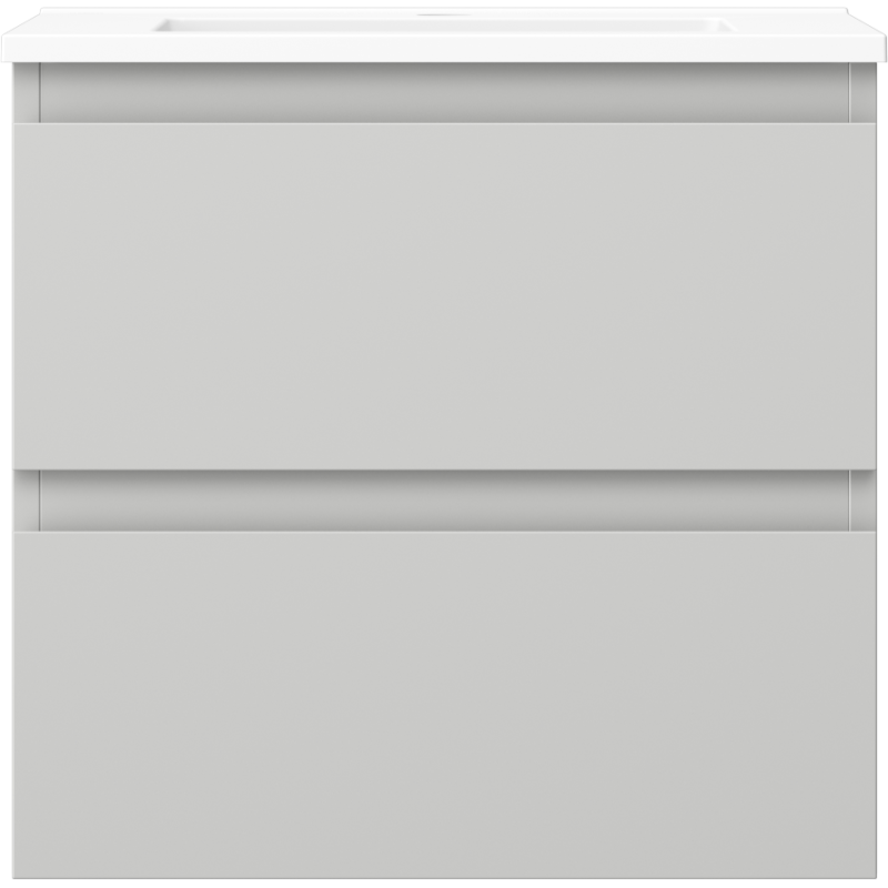 Servant med skap i grå matt overflate med to skuffer og hvit topp, sett rett forfra.
