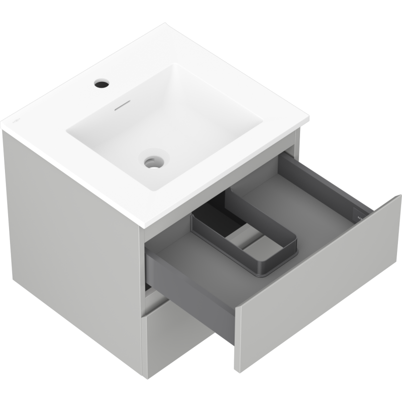Baderomsskap med vask 50 cm, grå matt/hvit matt, nederste skuff trukket ut med grå rørføring.